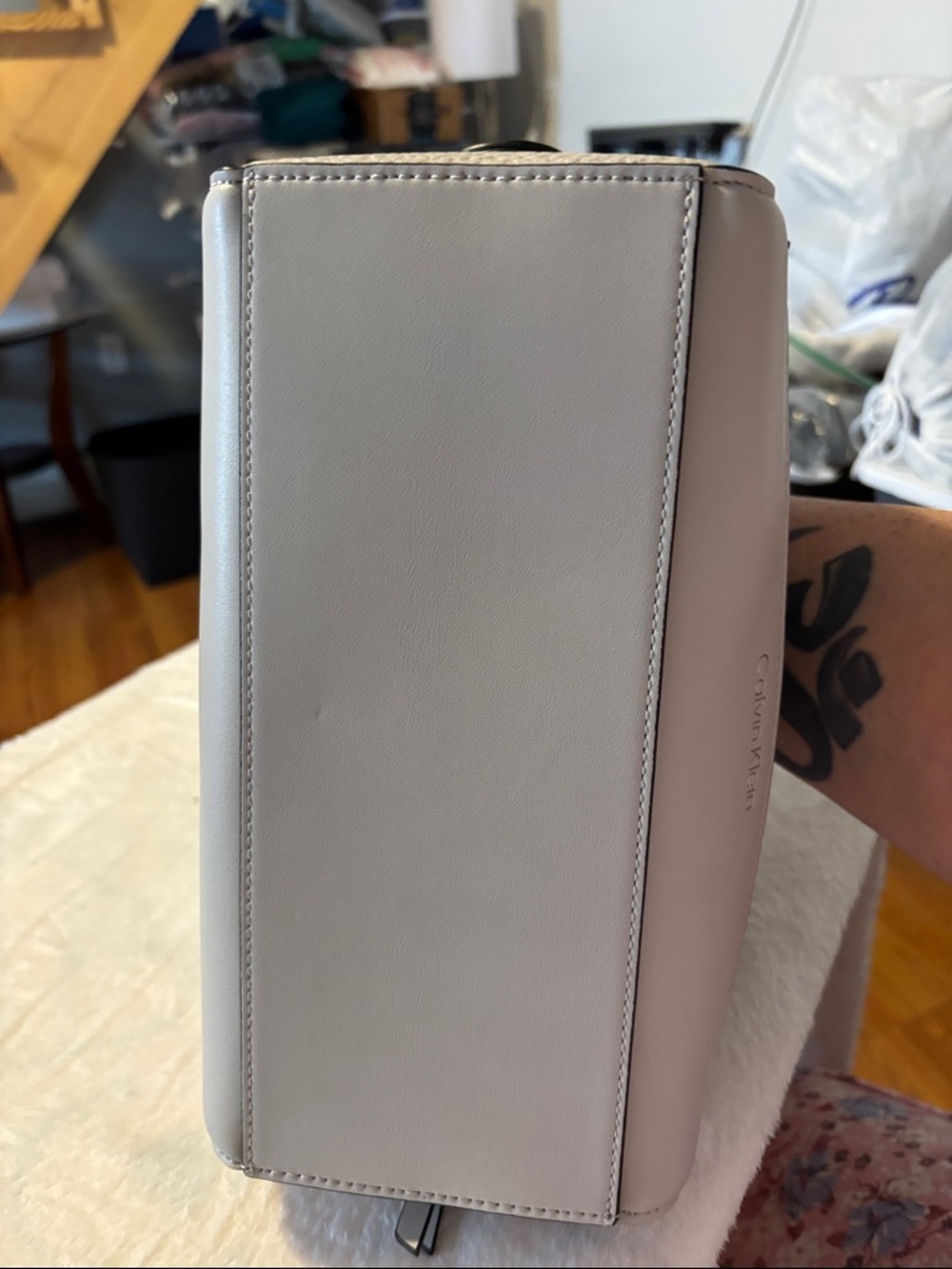 Calvin Klein Pebbled Satchel in Light Gray - Picture 9 of 9